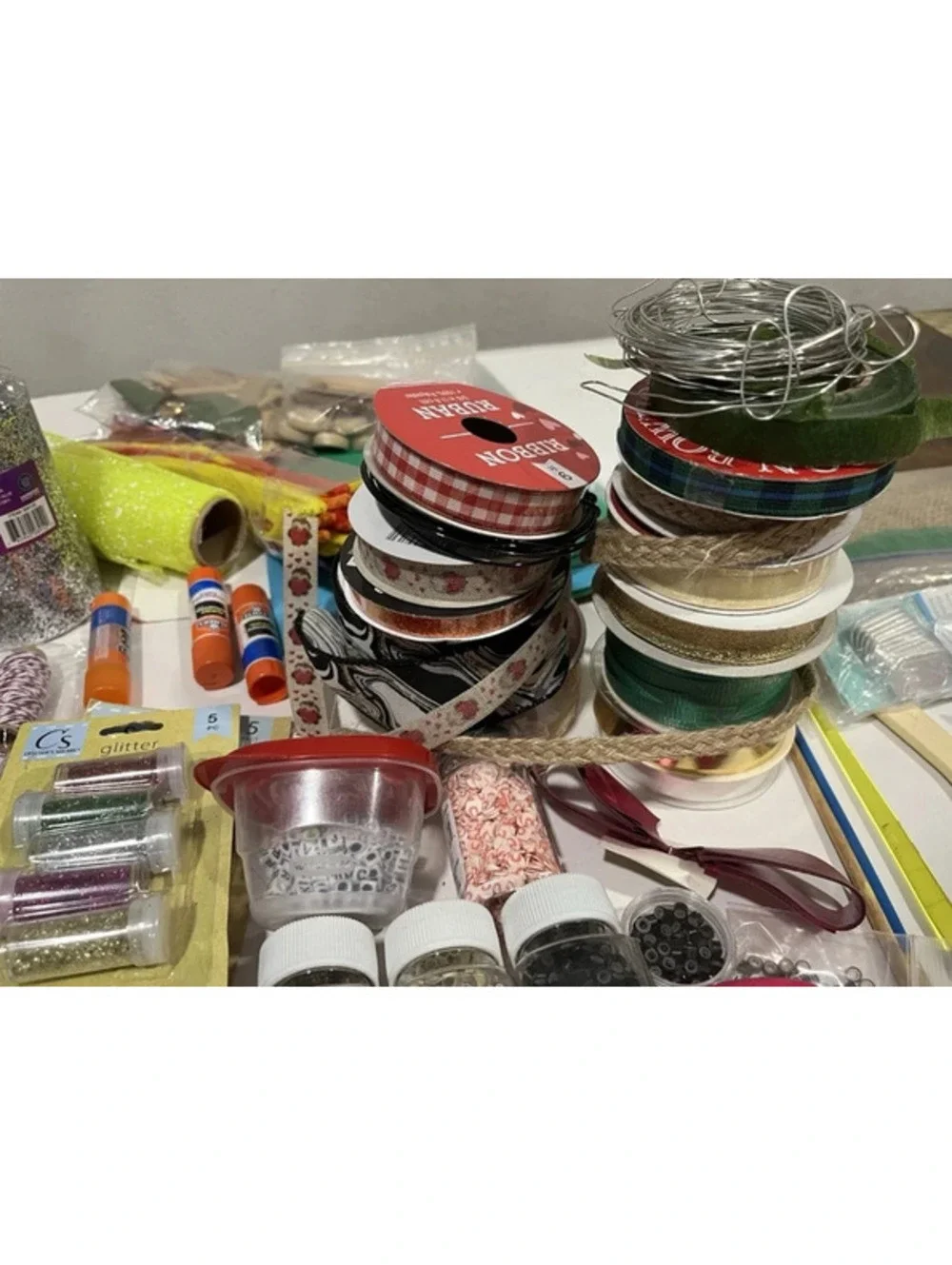Huge Bulk Lot Craft Supplies Glitter Wires Glue Resin Wreath Ribbons Ropes Felt